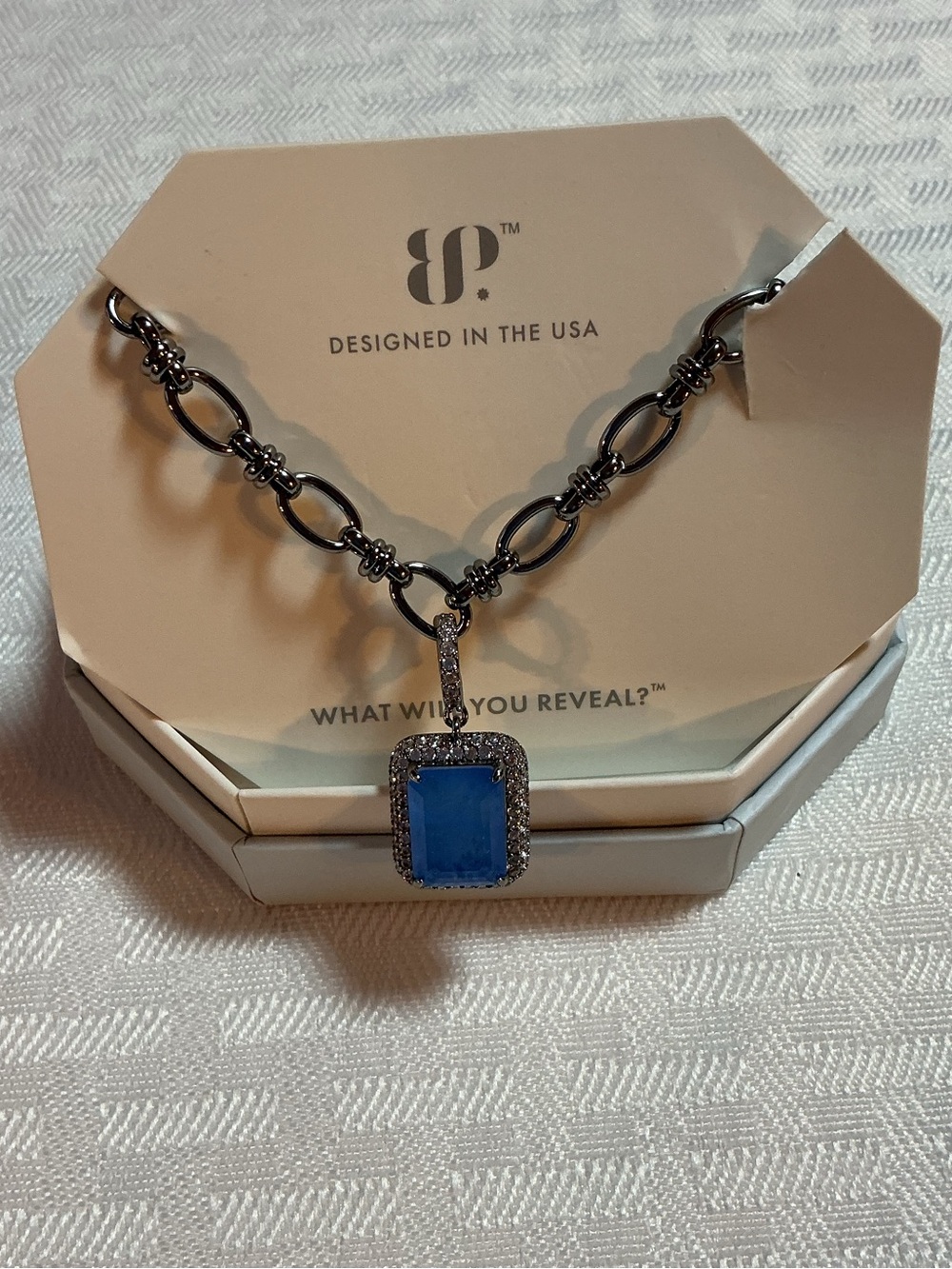 BP “A Statement of Sparkle” Lab Created Ocean Blue Quartz Hematite Plated Neckla